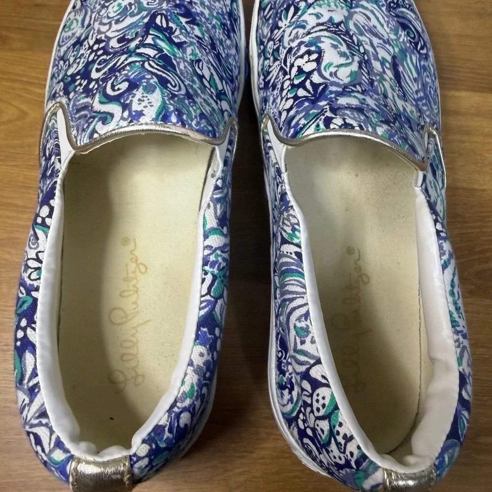 Lilly Pulitzer Blue Green Paisley Slip On Sneakers Metallic Gold Trim 001293 9